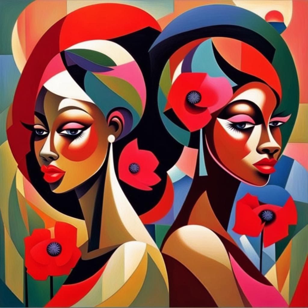 Abstract Cubist Girls with Poppies