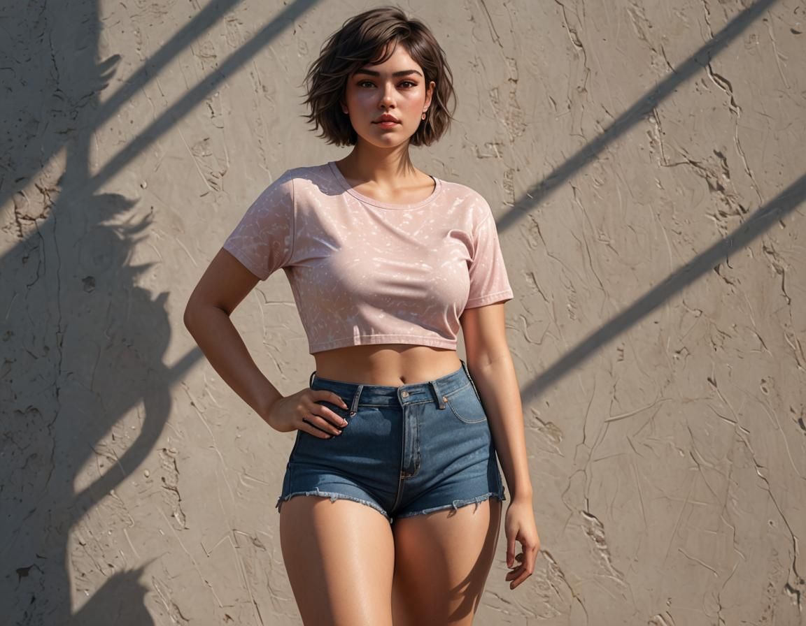 Hyper-Realistic Digital Art: Curvy Brunette in Short Shorts