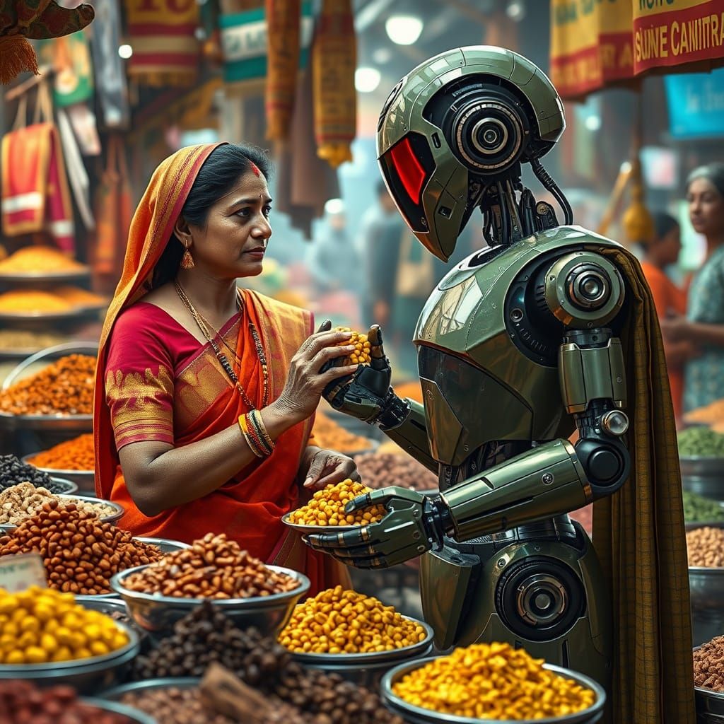 Traditional South Indian Woman in Hyperrealistic Spice Marke...