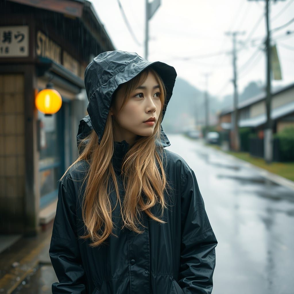 Japanese Woman in Rainy Town, Anime-Inspired Art