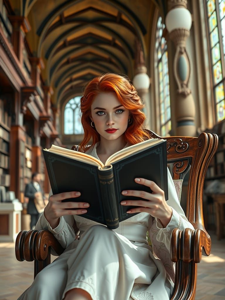 Redhead Reads in Antique Bookstore, Hyperrealistic Fantasy