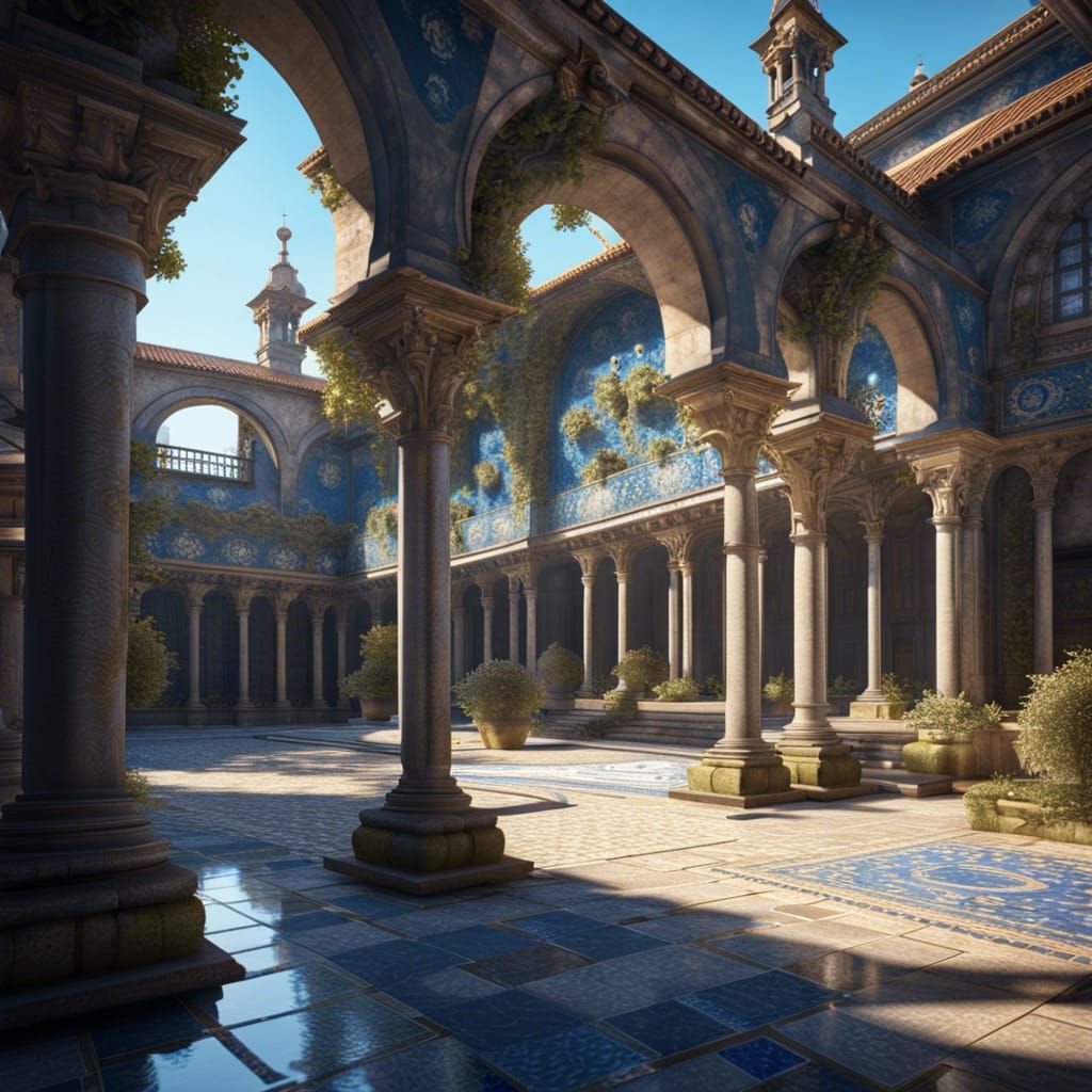 Photorealistic Porto Cloister with Blue Tiles