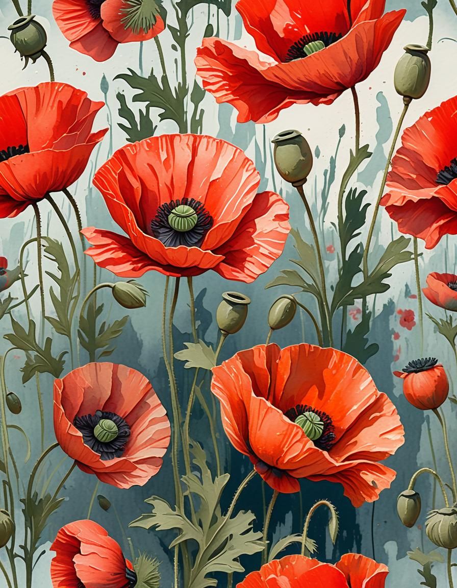 Red Poppies Illustration in Gouache Impressionist Style