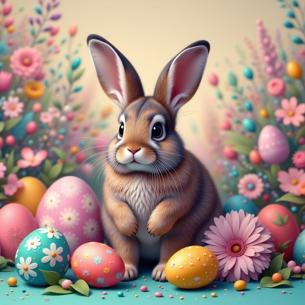 Whimsical Ultra Cute Easter Bunny Scene