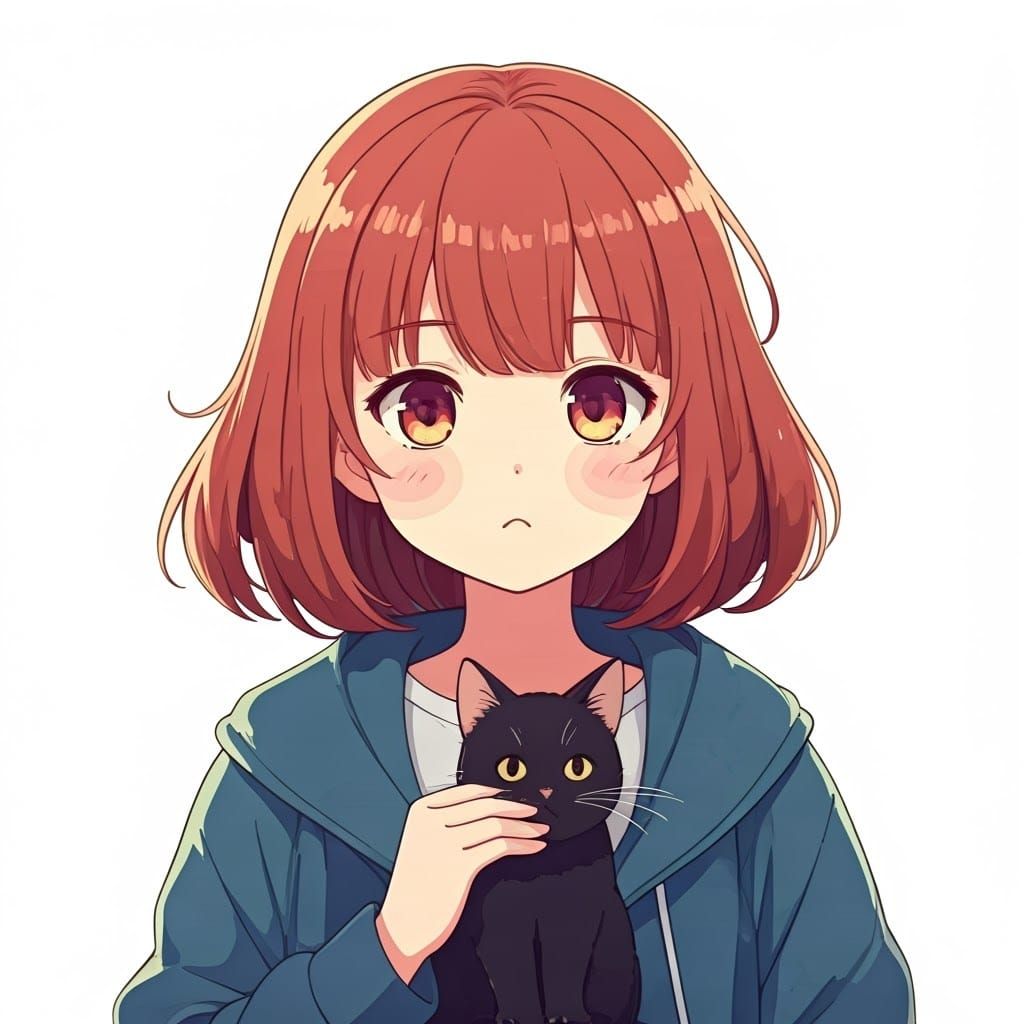 Cute Girl with Cat in Kawaii Anime Style