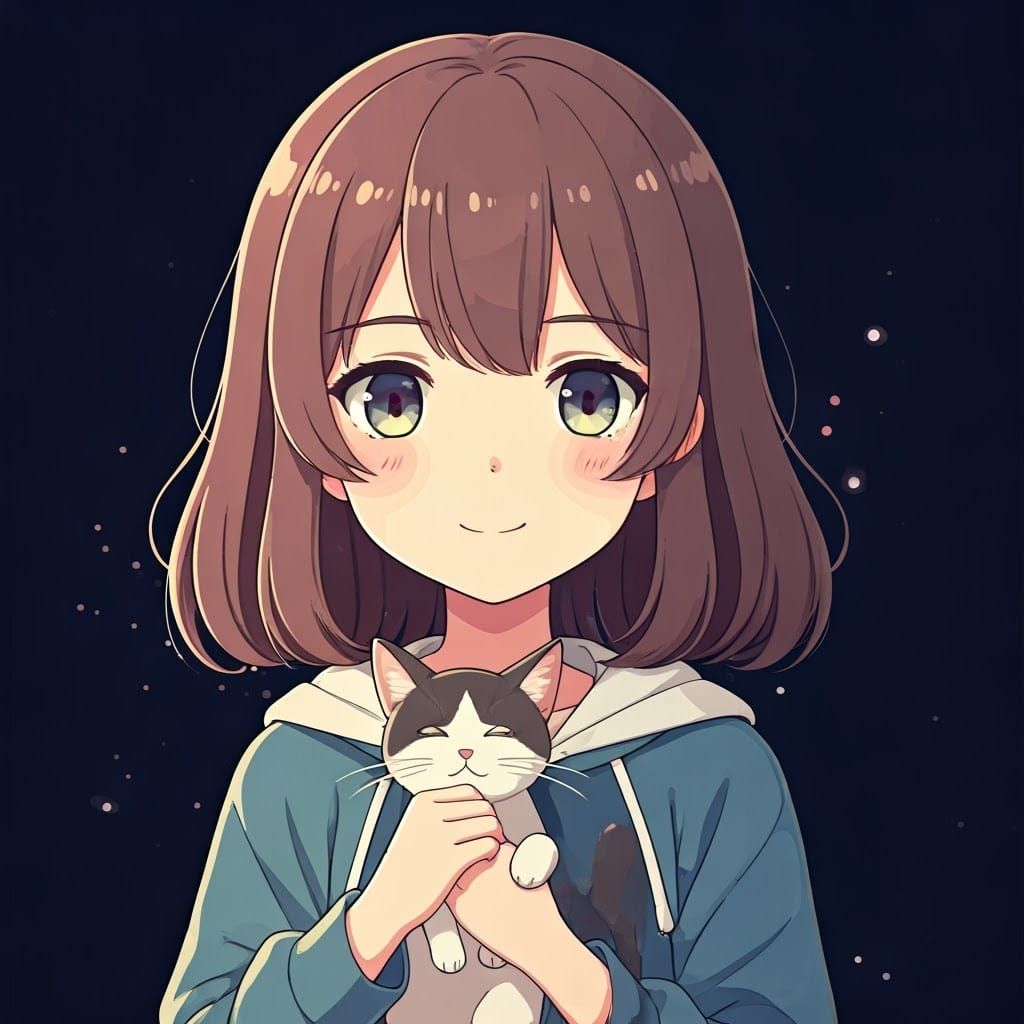 Anime Girl with Cat in Kawaii Style