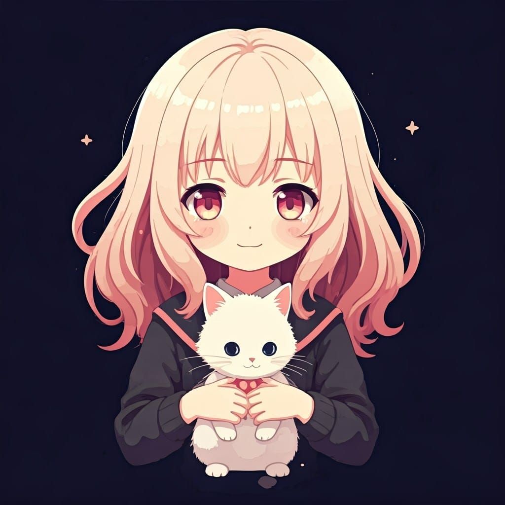Cute Girl with Cat in Kawaii Anime Style
