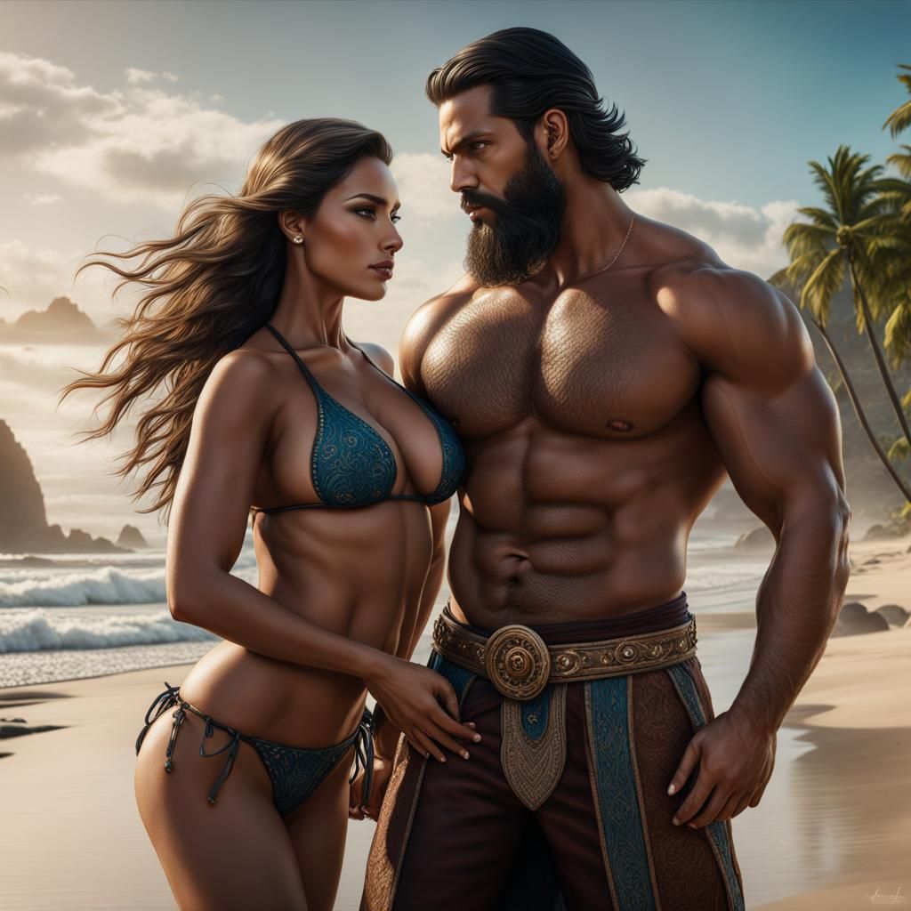 Muscular Man and Curvy Woman on Beach in Fantasy Art