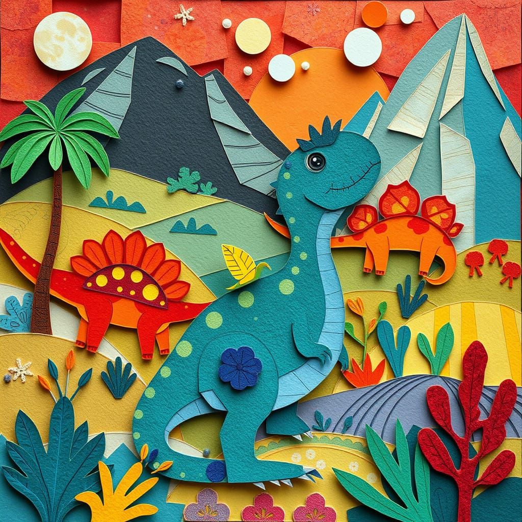 Vibrant, Otherworldly Dinosaur Landscape in Fauvist-Mosaic S...