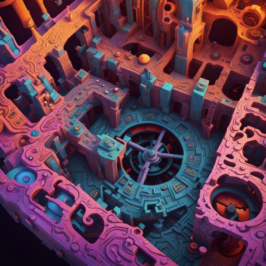 Psychedelic Clockwork Maze in M.C. Escher Style