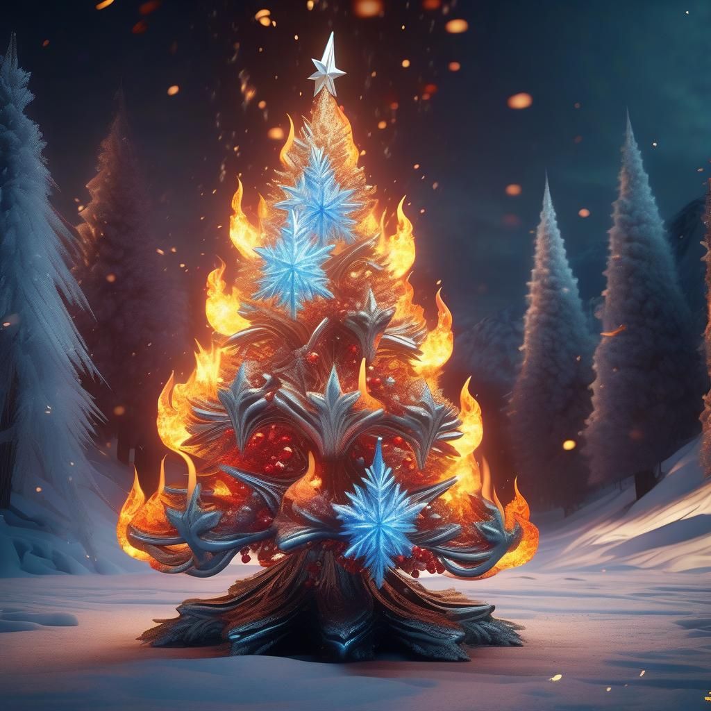Fiery Christmas Tree with Ice Ornaments