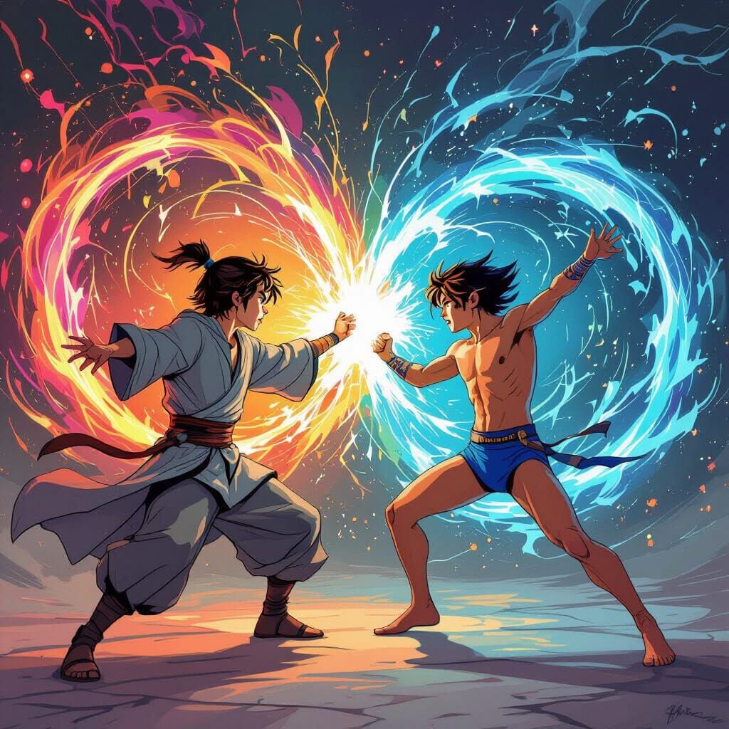 Wizards Duel with Swirling Magical Energy in Futuristic Styl...