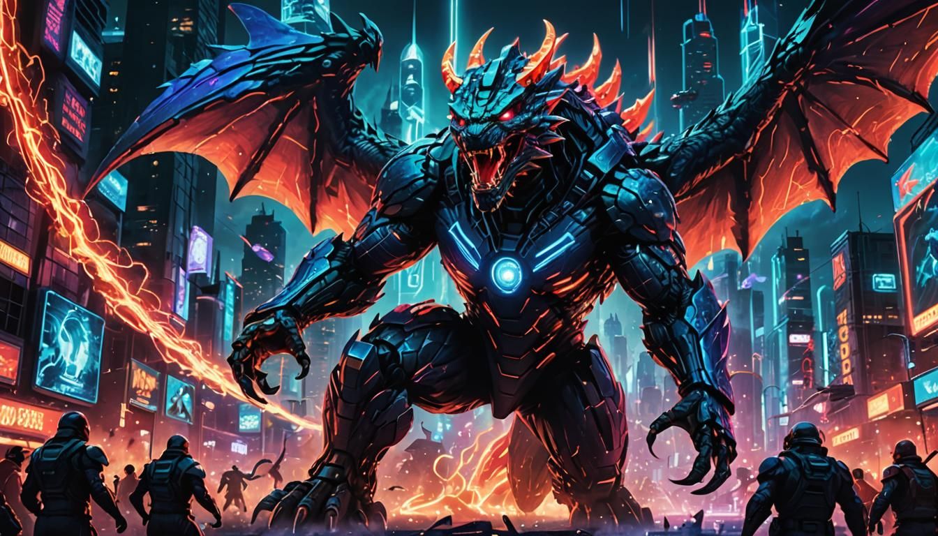 King of Monsters Battles Hologram in Sci-Fi City