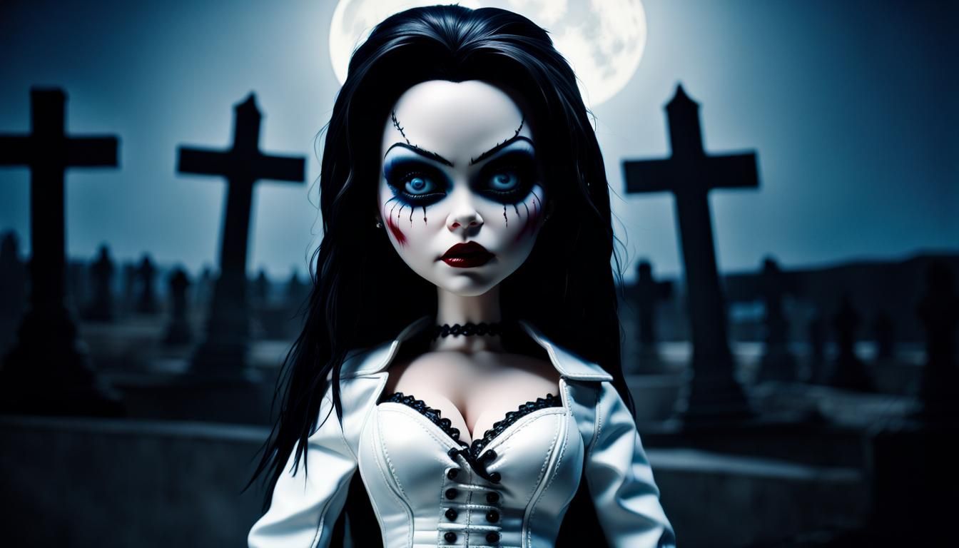 Gothic Doll Portrait in Cemetery with Blue Moon