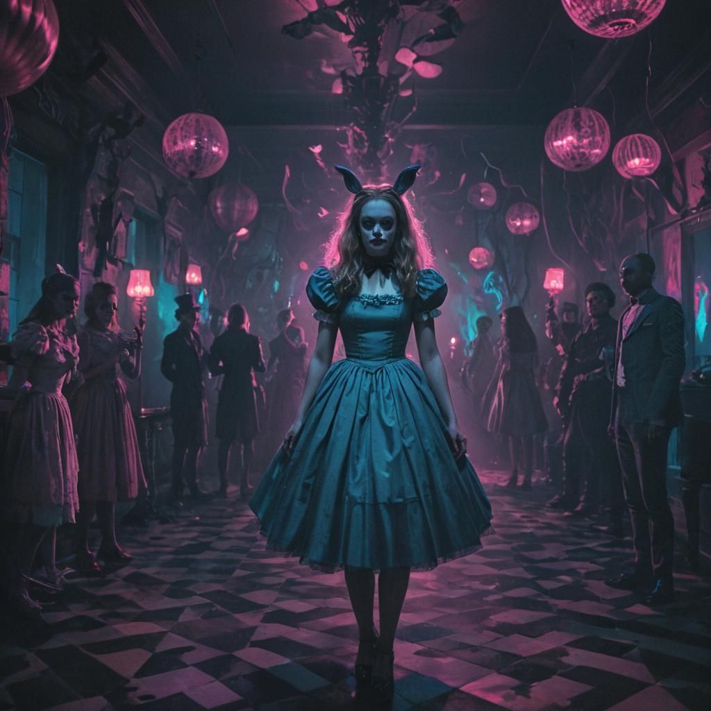 Alice in Wonderland Disco Party in Synthwave Horror Style