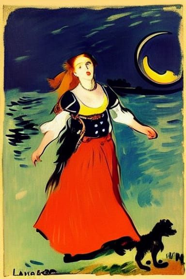 Woman Dancing with Moon in Impressionist Style