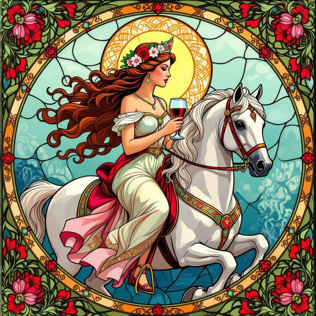 Goddess of Romance Riding a Horse in Tiffany Style