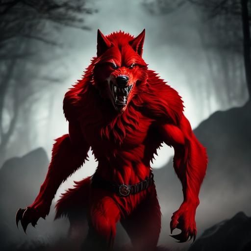 A cinematic redhead shifting to a fierce red werewolf with a...