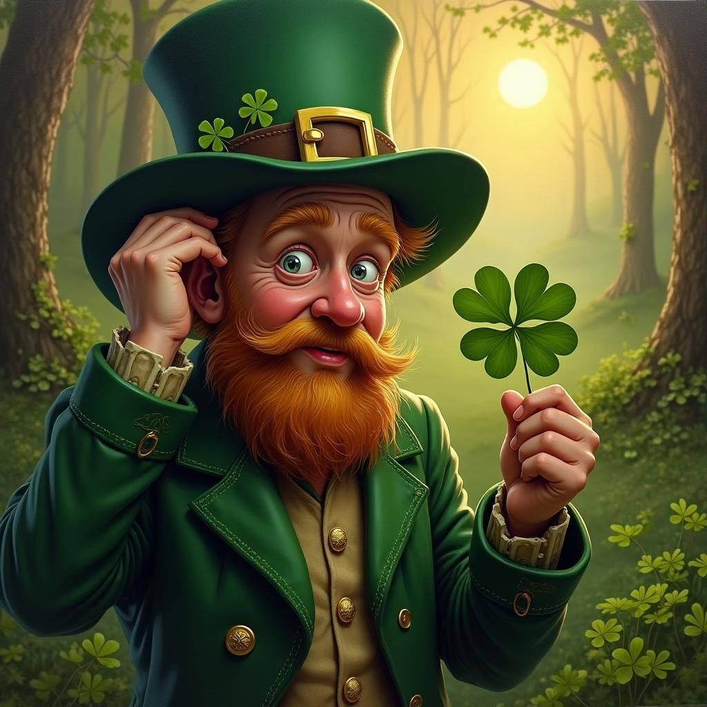 Bewildered Leprechaun with Six-Leaf Clover, Oil Painting
