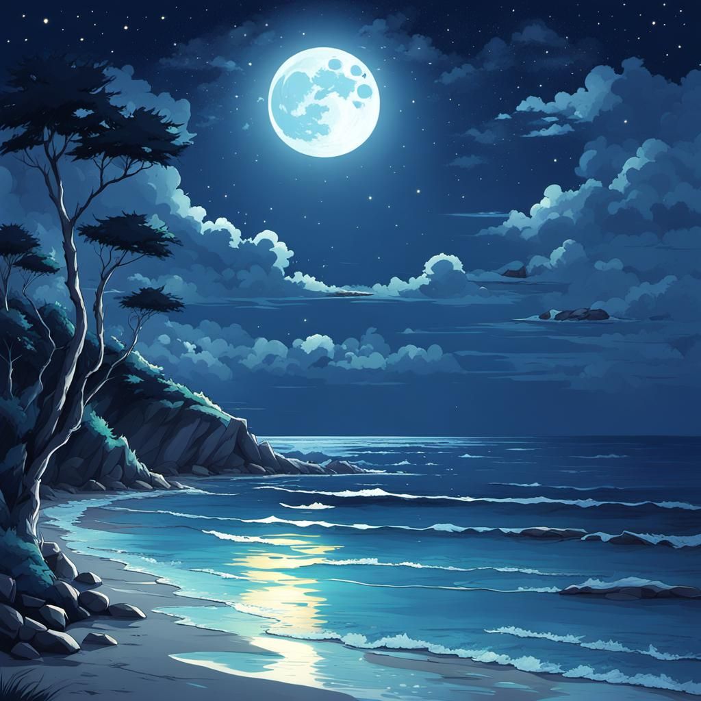 Moonlit Coastal Carolina in Anime Style