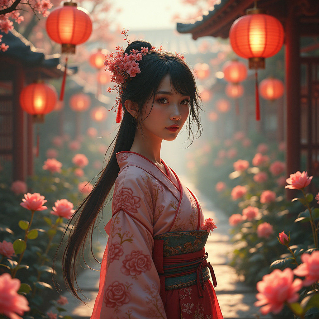 Adventure Woman in Rose Garden, High-Fantasy Style