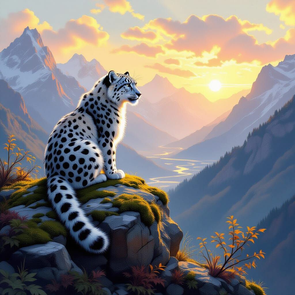 Snow Leopard Overlooking Mountain Valley at Dawn