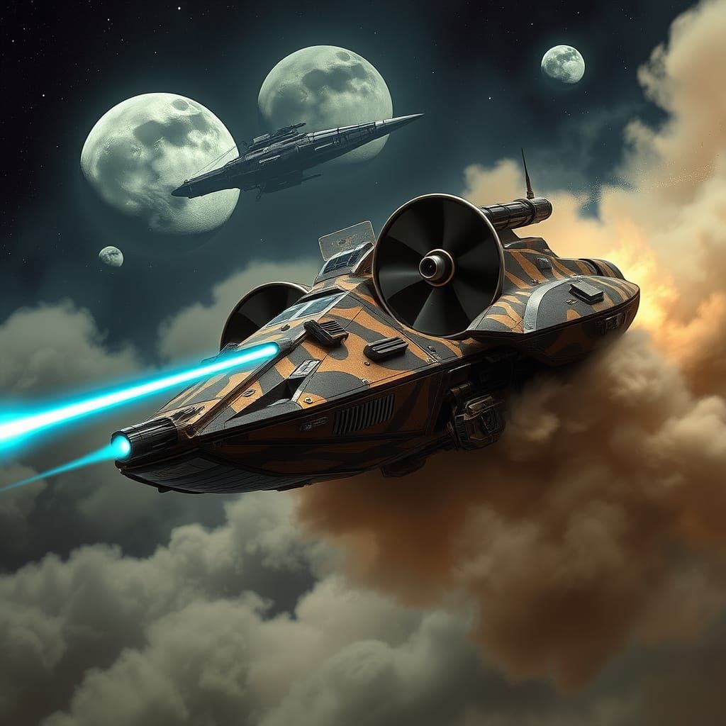 Futuristic Hovercraft Launching Energy Beam Under Starry Sky