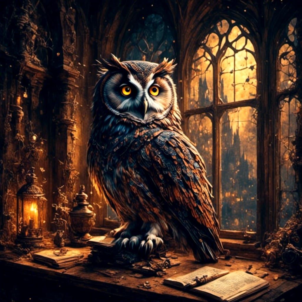 A beautiful owl is sitting on a table in a medieval castle a...