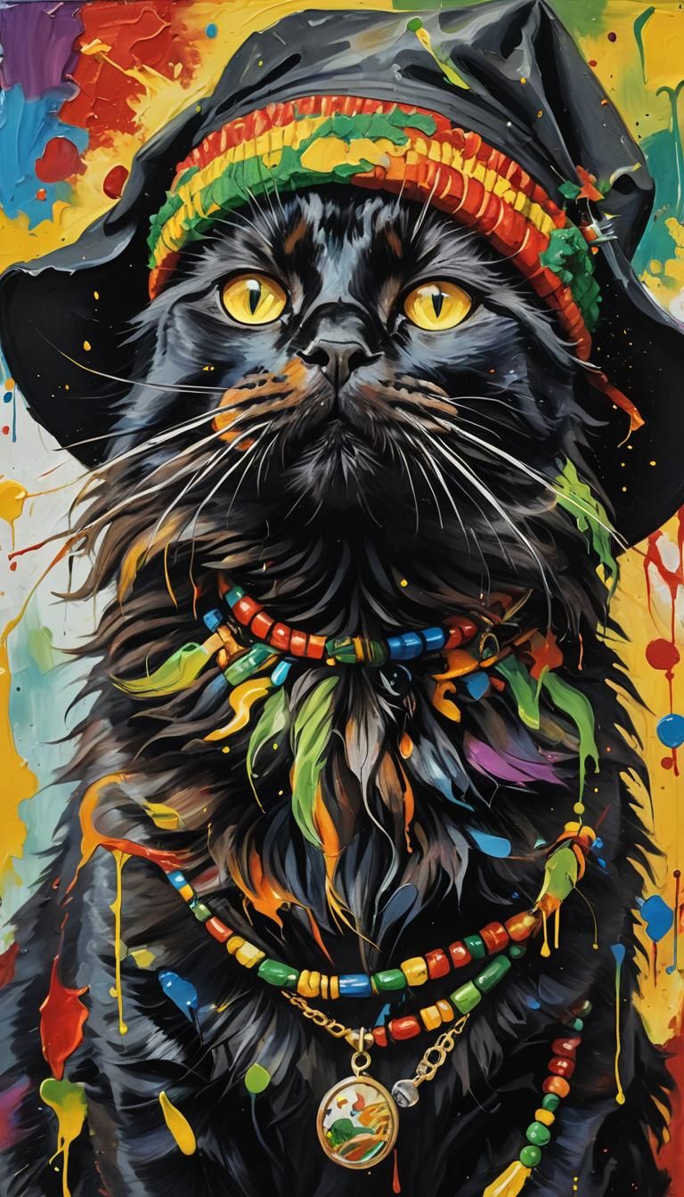 A highly artistic and vibrant painting of a black cat wearing a Rasta hat with green, yellow, and red stripes, a necklac...