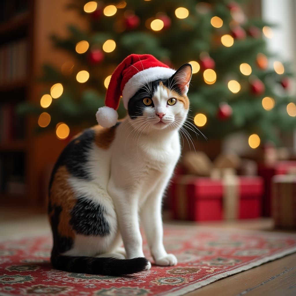 Cozy Christmas Calico Cat in Santa Hat