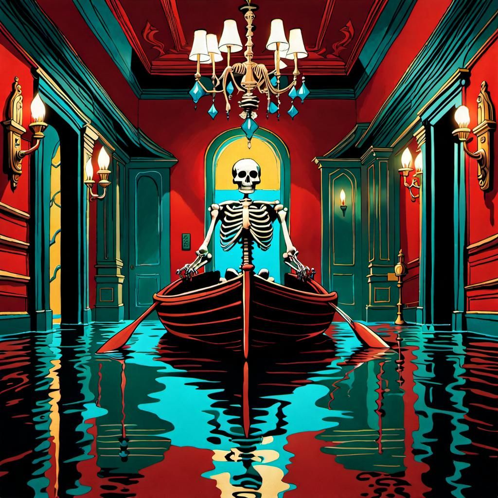 Skeleton Rows Boat in Flooded Mansion, Watercolor Style