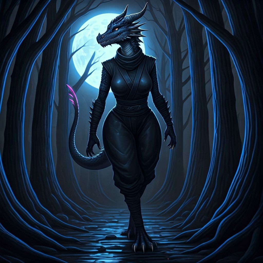 Dragon Ninja in Moonlit Forest, Neon Accents