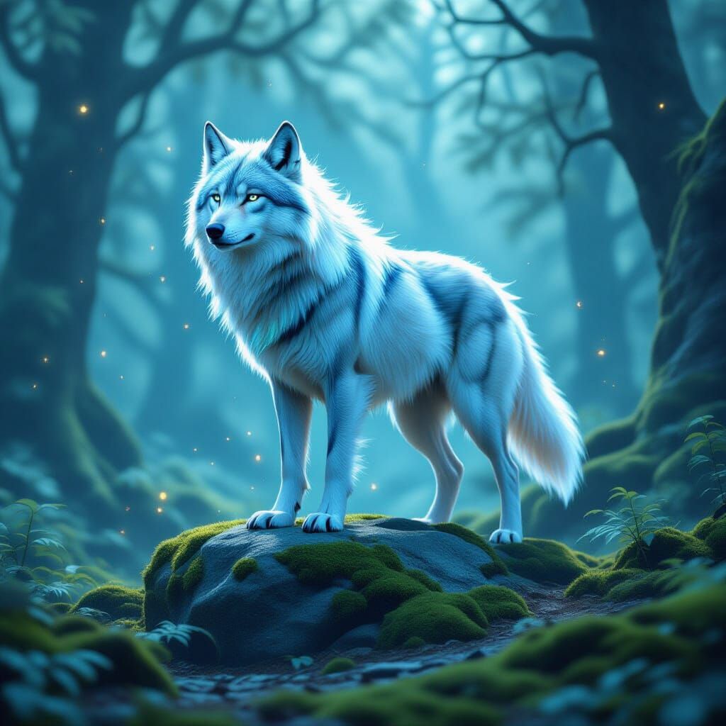 Majestic Wolf in Enchanted Forest, Ethereal Luminescence