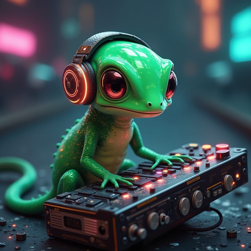Futuristic Lizard DJ in Shimmering Metallic Shell
