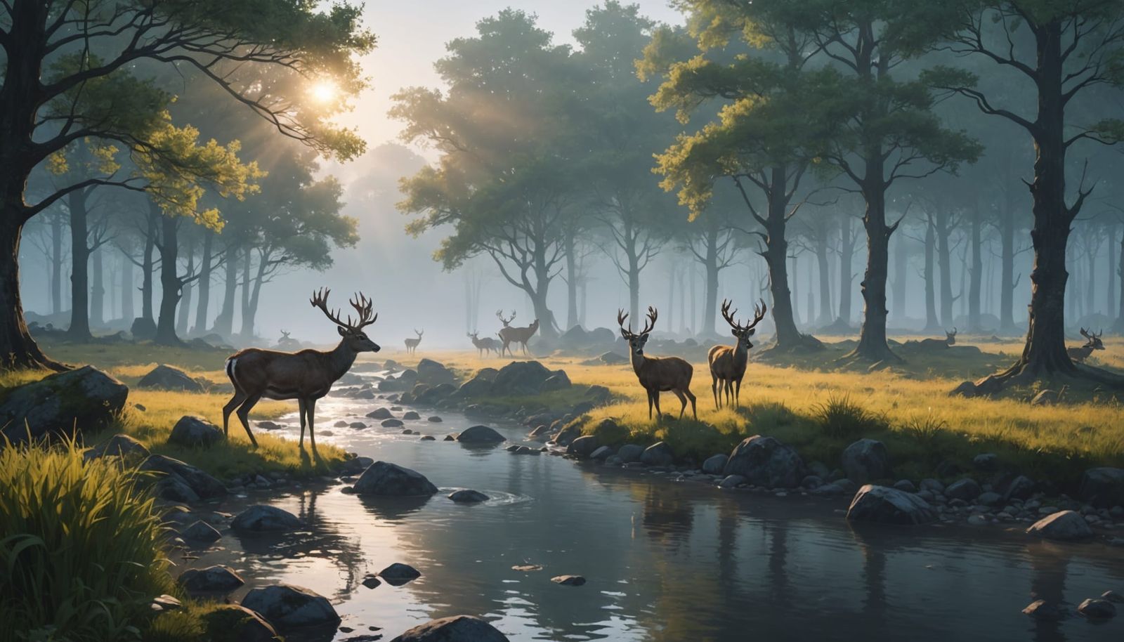 Stream at misty sunrise with deer drinking