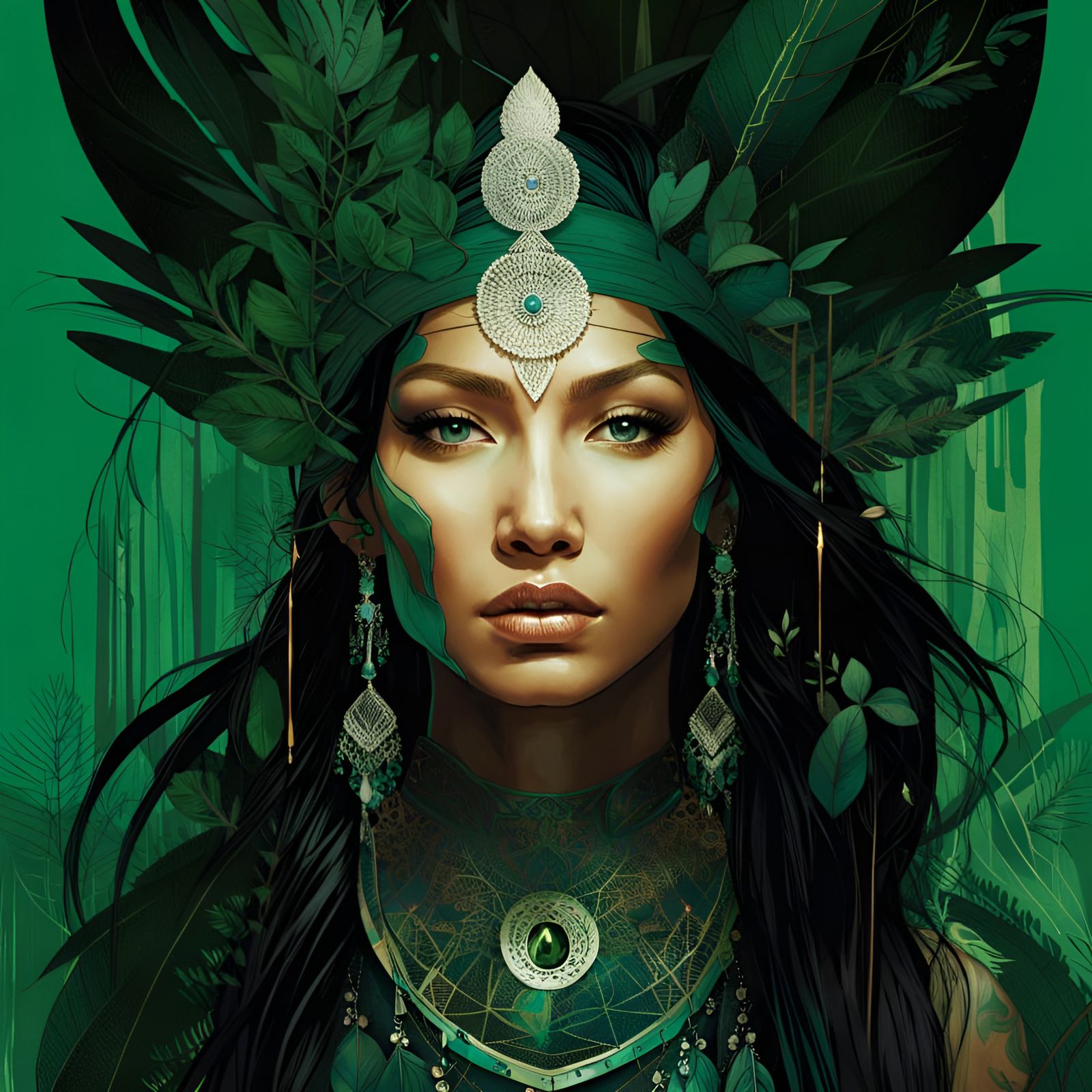 Gorgeous Pocahontas Portrait with Forest Green Filigree