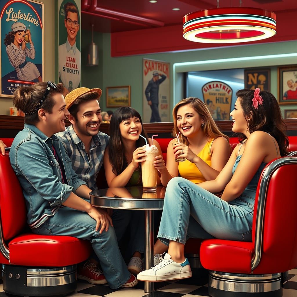 Friends Share Milkshake in Retro Diner, Pop Art Style