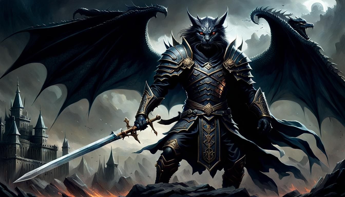 Dragon-Winged Demonic Cat Warrior in Gothic Style