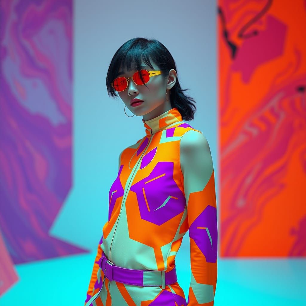 Futuristic Fashion Model in Vibrant Geometric Patterns