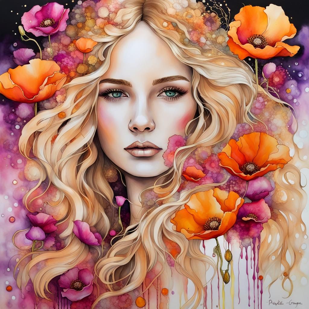 Alcohol Ink Woman and Poppies