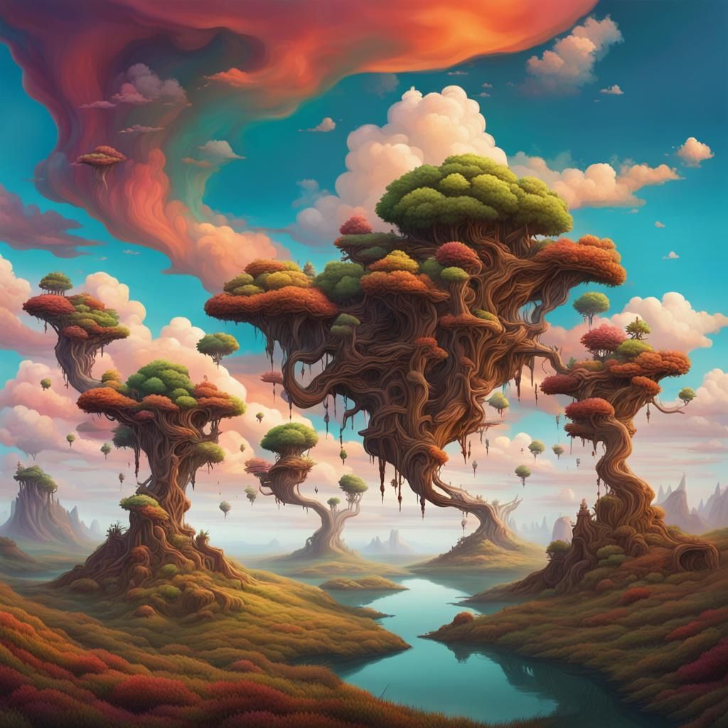 Surreal Landscape with Floating Islands and Twisted Trees