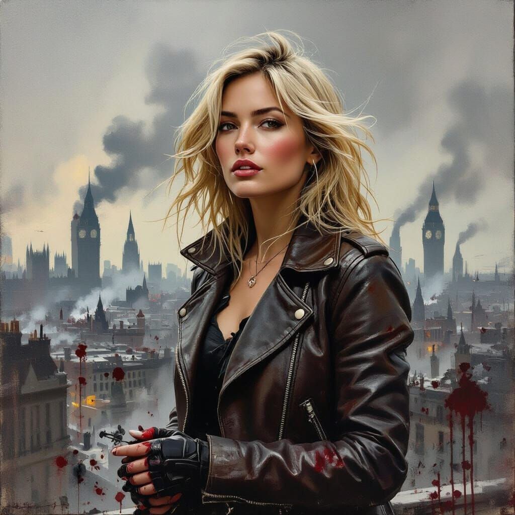 Windswept Blonde in War-Torn City, Oil Painting Style
