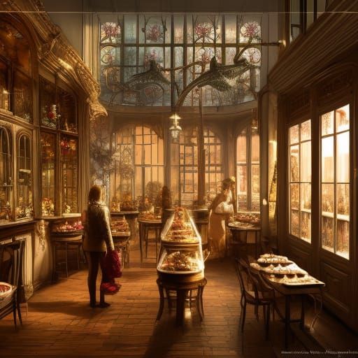 Parisian Patisserie with Cakes in Retro-Futuristic Style