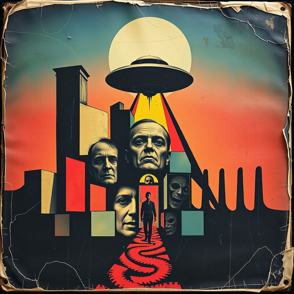 Noir-Inspired Collage in Vintage Style with UFO and Abstract...