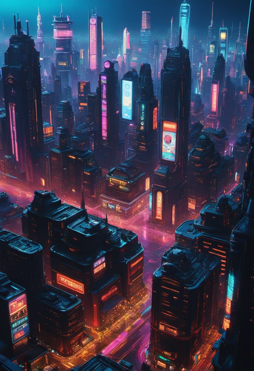 Cyberpunk Cityscape at Night: Neon and Skyscrapers