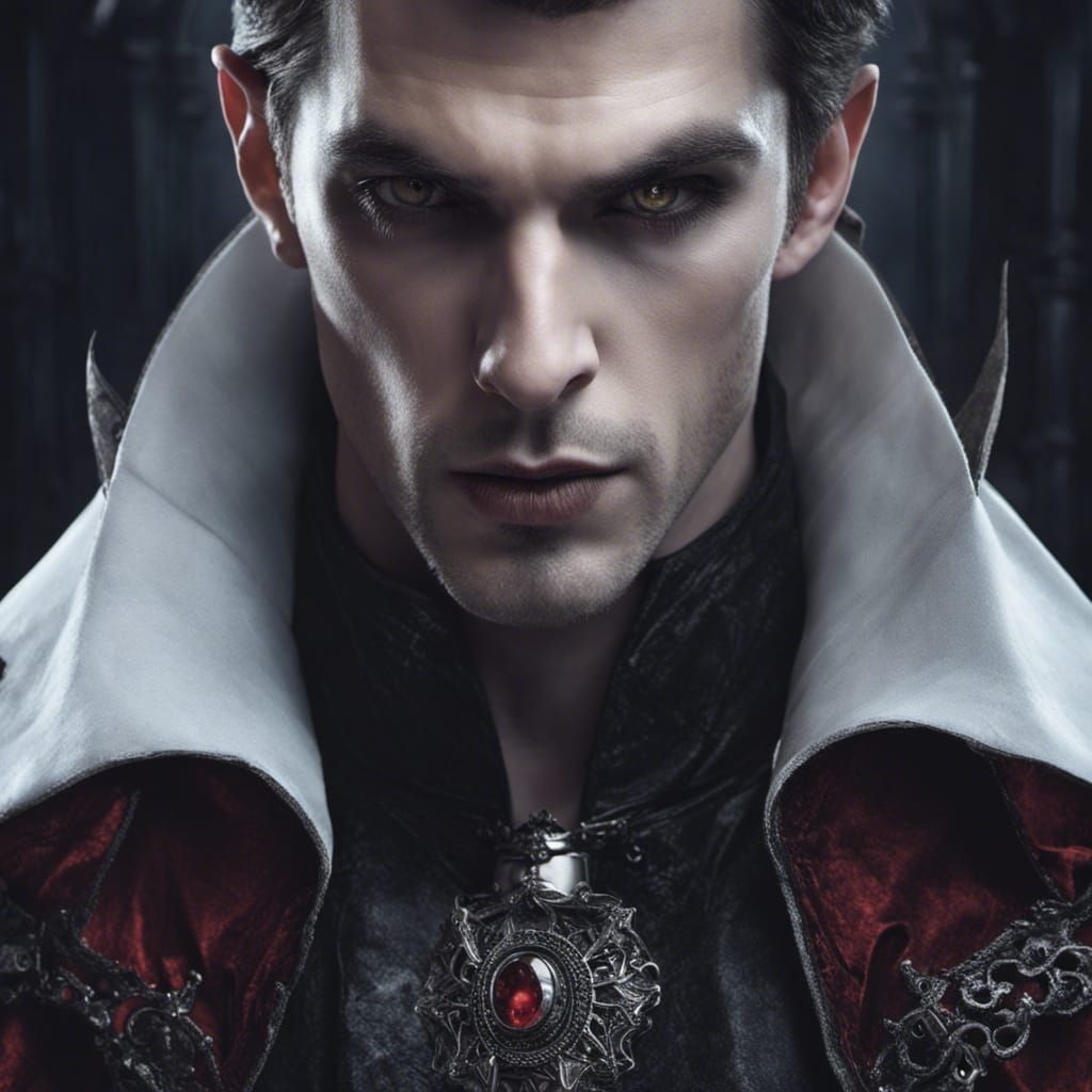 Handsome Vampire in Futuristic Gothic Setting, Photorealisti...
