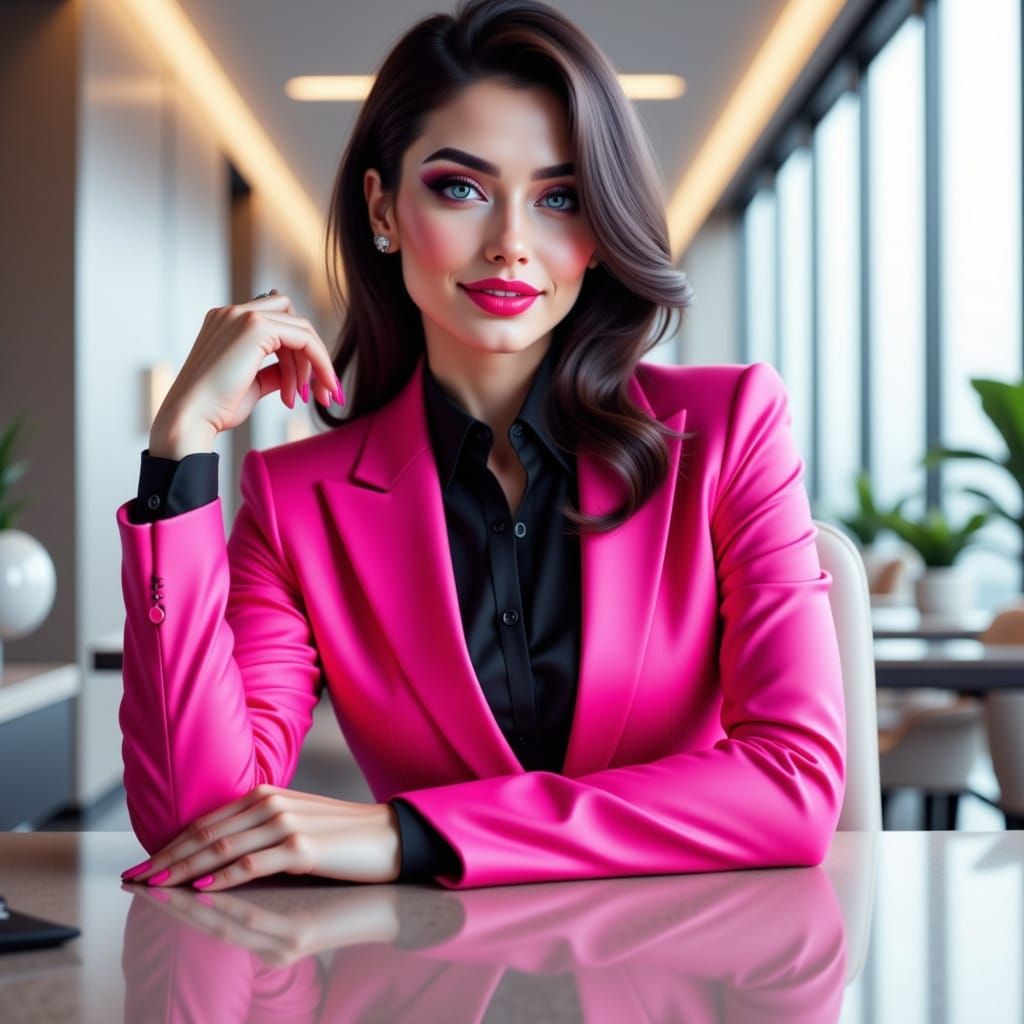 Gorgeous Woman in Pink Suit, Hyperrealistic Digital Art