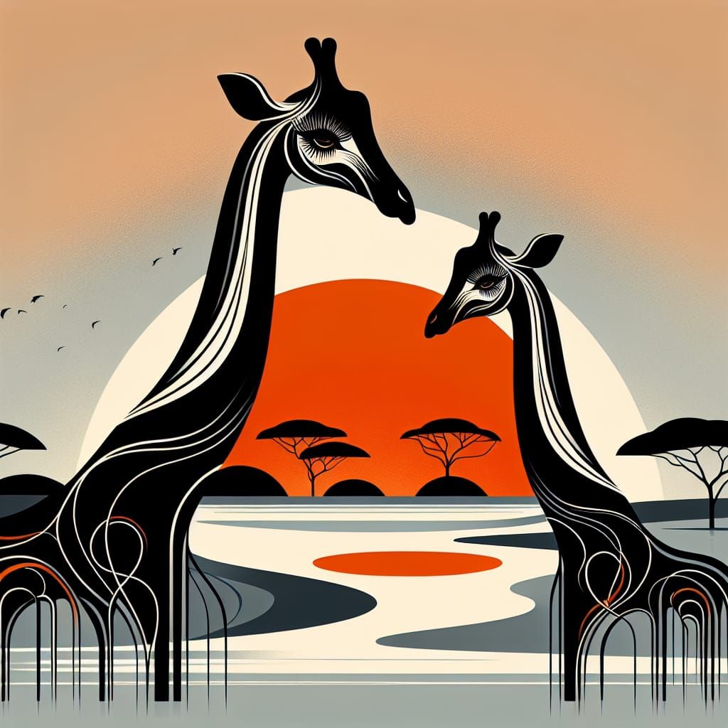 Mother Giraffe and Baby in Vibrant African Sunset