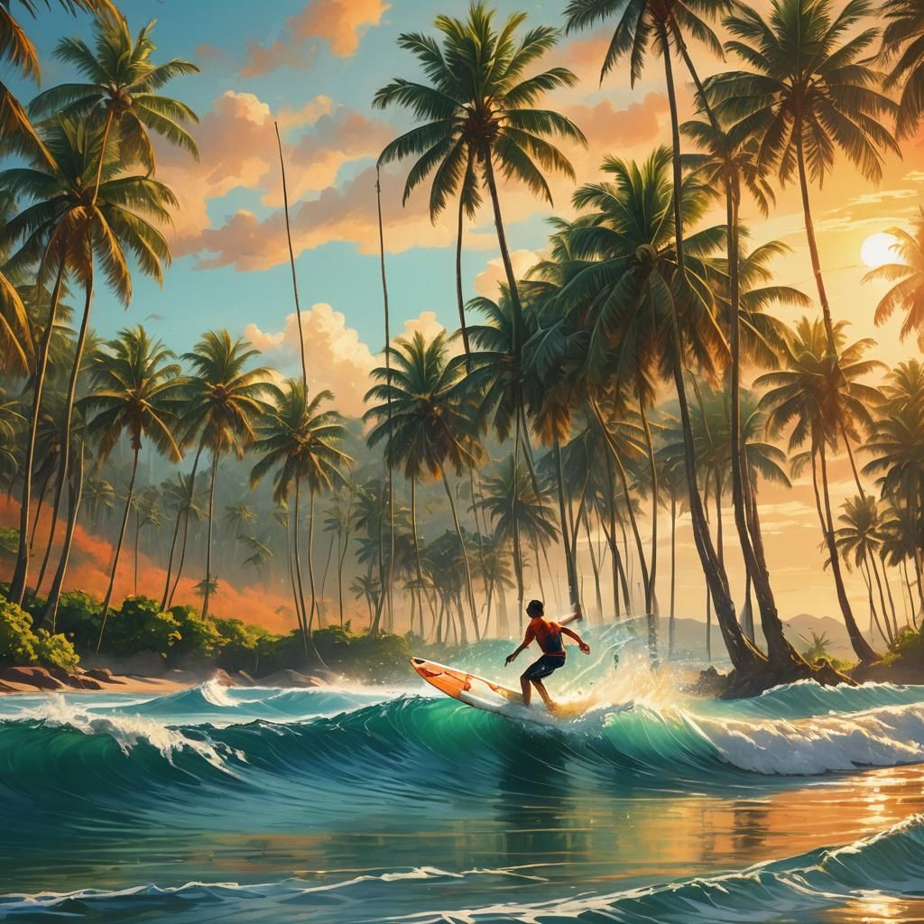 Surfer Rides Wave in Hawaii Fantasy Art