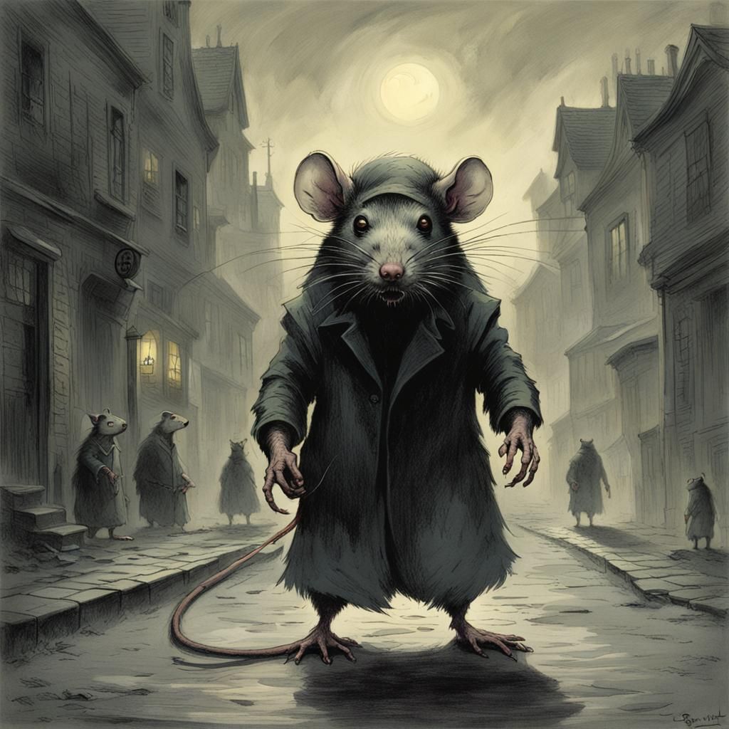 Mutant Rat in Foggy Street: Horror Illustration